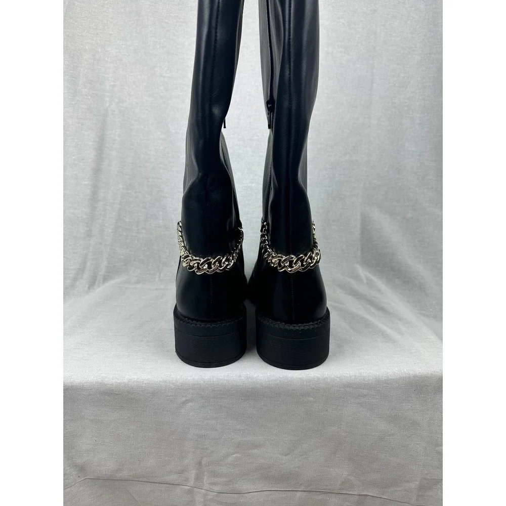 A New Day Women Black Knee High Boots Gold Chain‎ Detail Side Zip Size 11